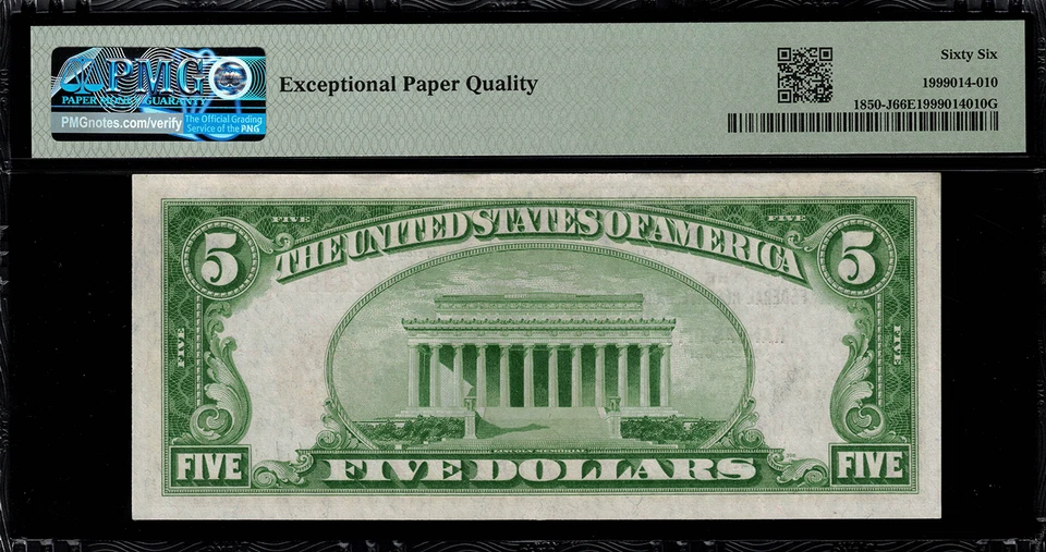 1929 $5 Federal Reserve Bank Note Kansas City - FR.1850-J - Graded PMG 66 EPQ - Image 2 of 2