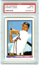CHIPPER JONES~ATLANTA BRAVES~1991 BOWMAN PSA-9 MINT BASEBALL ROOKIE RC CARD #569