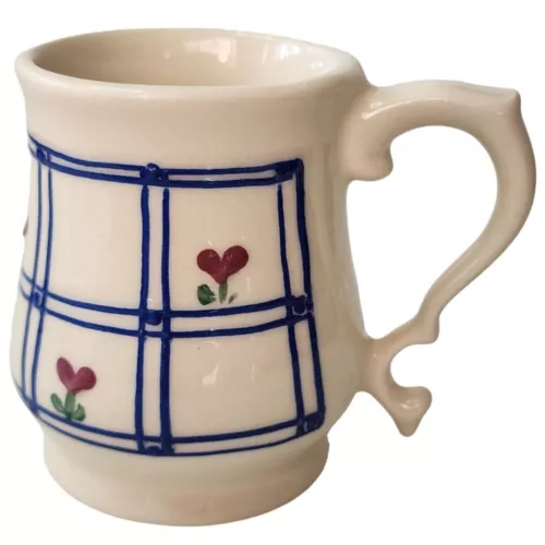 Vintage Hartstone USA Pottery Coffee Mug With Plaid And Heart Shape Flowers