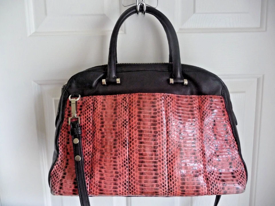 MILLY BRAND Satchel Crossbody Genuine Black Leather Pink Python Front - Image 3 of 4