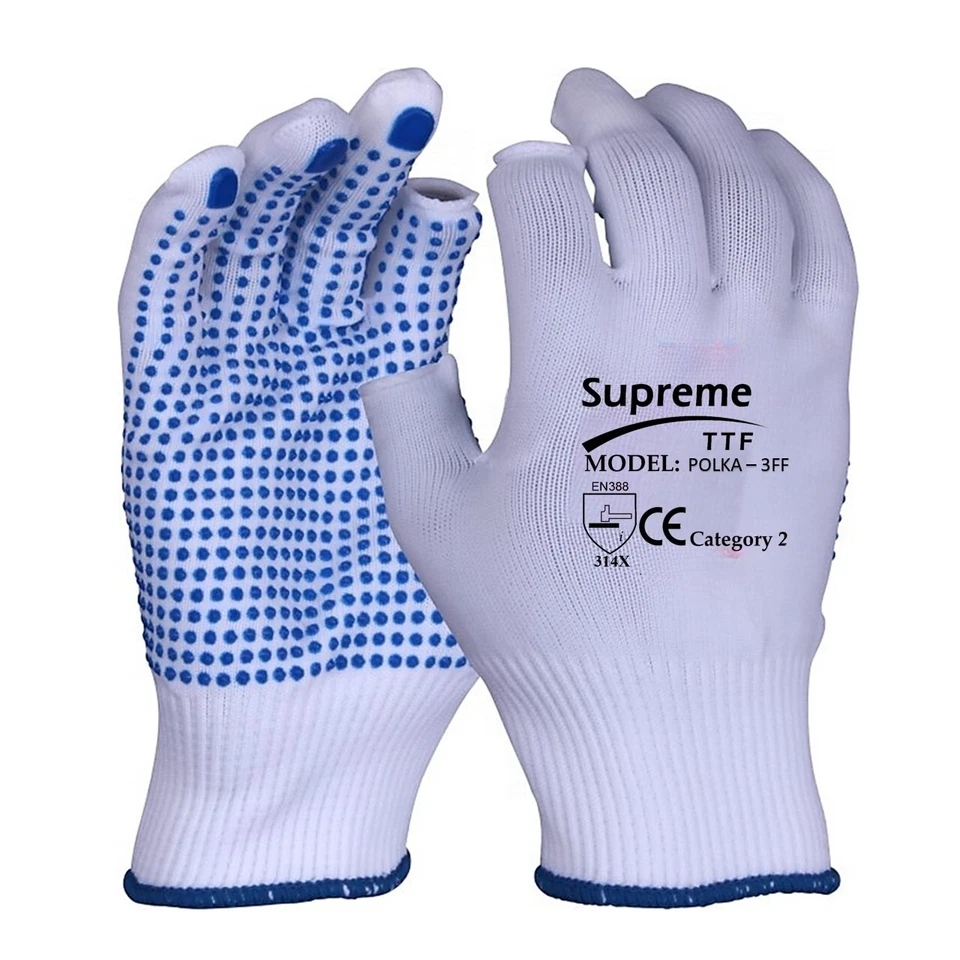PROTEK SAFETY Fingerless Blue PVC POLKA DOT Nylon Safety Work Gloves Warehouse Inspection Grip