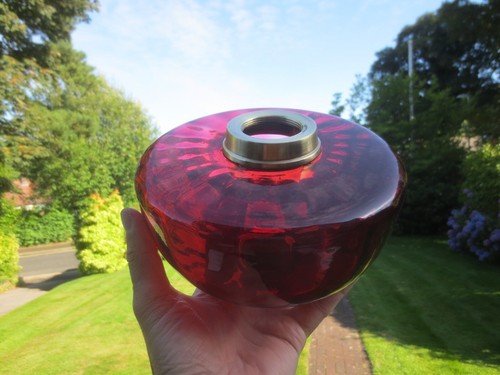 Antique Cranberry Glass & Brass OIL Lamp & Original Optic Beehive oil lamp Shade - Picture 20 of 24