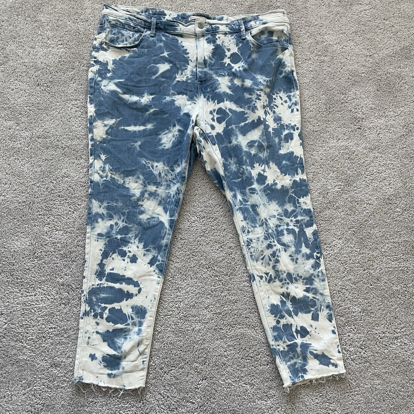 Levis 721 High Rise Skinny Ankle Jeans Womens 22W Blue Tie Dye Raw Hem Fringe
