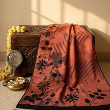 Sanskriti Vintage Saree Brown Pure Crepe Floral Print Sari 5.5 Yard Craft Fabric