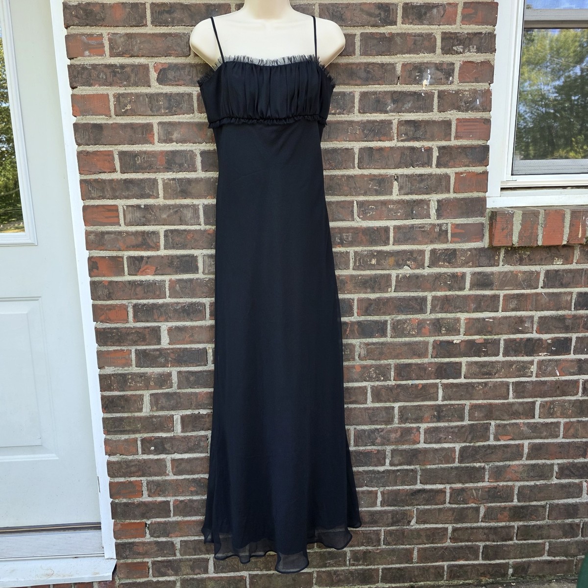 abs evening dress A.B.S. Evening By Allen Schwartz Black Maxi Dress Gown Ruffled y2k 90s Sz 8