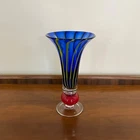 Vintage MCM Murano-Style Cobalt Blue, Yellow, and Red Art Glass Trumpet Vase