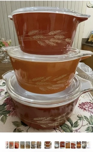 Set Of 3 Vintage Pyrex Autumn Harvest Wheat Casserole Dish 473 474 475 w/ Lids
