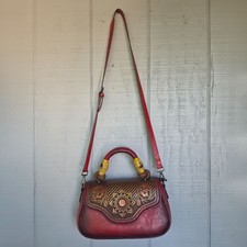 Tooled Floral Western Satchel Bag Burgundy Boho Crossbody Festival Concert