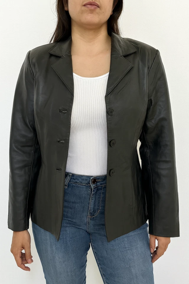 Mujeres Genuino Cuero Suave Botones Cierre Ajustado Nueva Chaqueta Hecha a Mano Foto 2 de 4