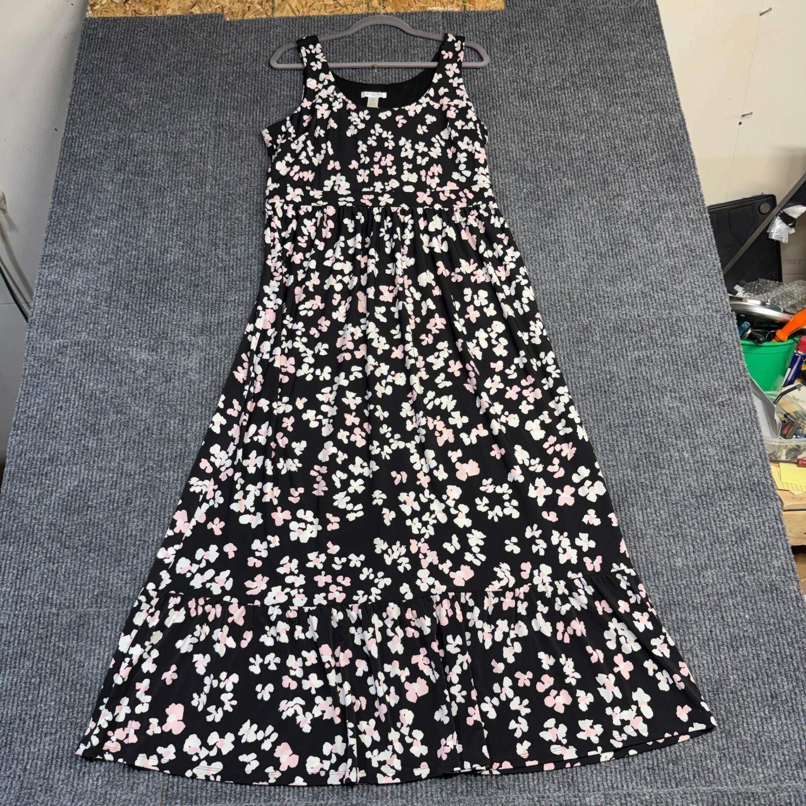 London Times Womens Floral Maxi Dress Black Pink Tiered Sleeveless Size L