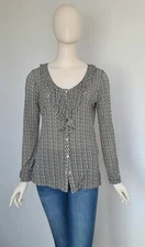 Esprit Size Large Black & Off White Geometric Print Long Sleeve Button Up Top