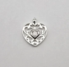 Scroll Heart 925 Sterling Silver Replaceable CZ Gemstone Slide Pendant - 2.9g