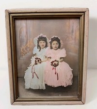 Antique Hand Colored Photo Framed Portrait Two Girls Edwardian Vintage 11 x 9