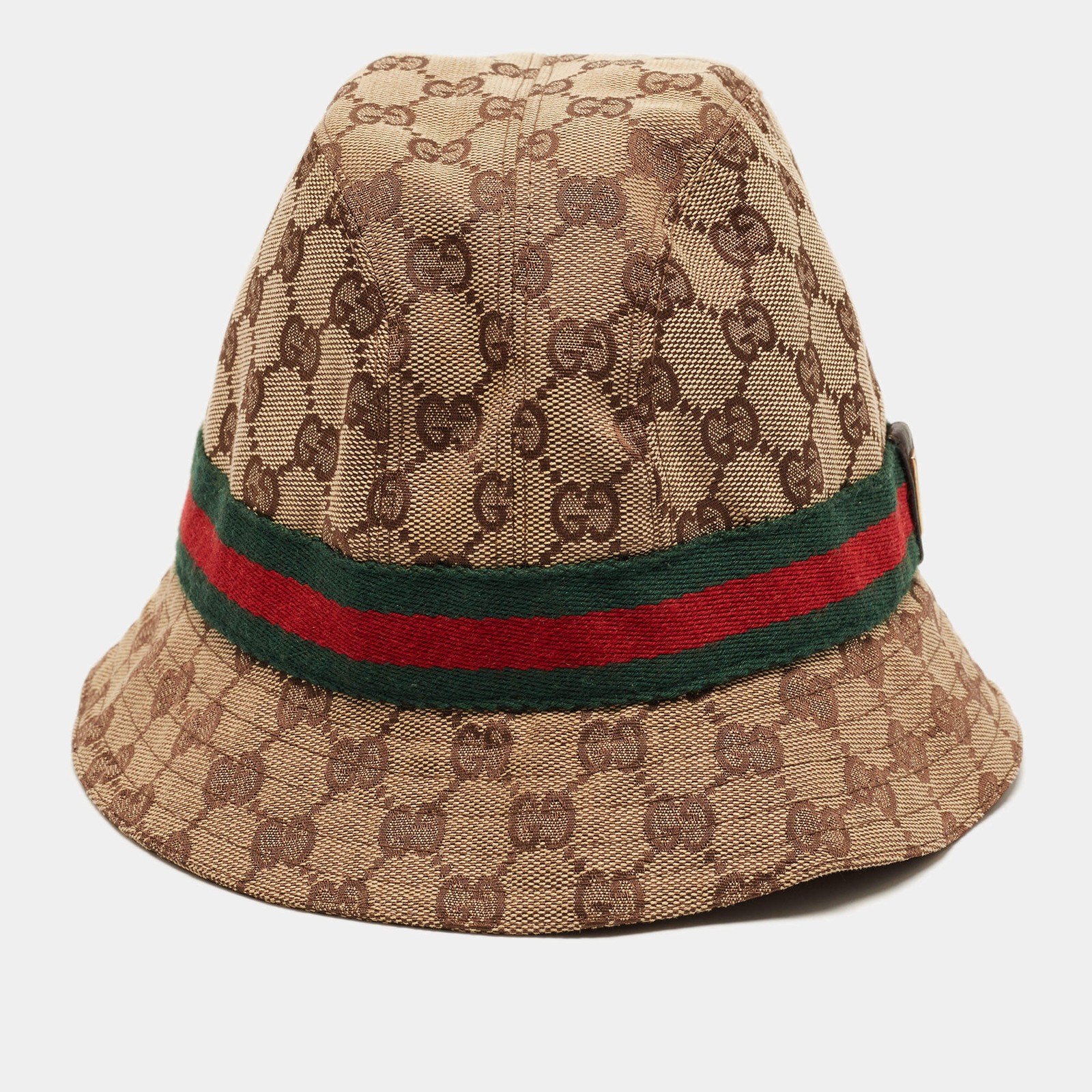 Gucci Brown Web Striped Monogram Jacquard Canvas Bucket Hat M