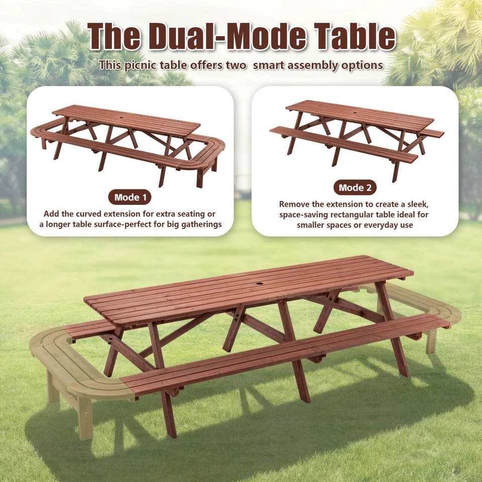 Round Outdoor Wooden Picnic Table For 14-16 People With Benches And Parasol - Image 4 of 4