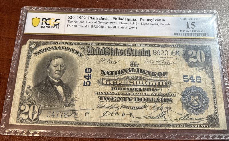 $20 1902 Plain back Philadelphia National Bank of Germantown Fr 650