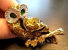 STUNNING VINTAGE ESTATE ENAMELED OWL BIRD GOLD TONE 2 3/8