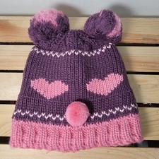 Girls Lined Knit Purple  Pink Beanie w/ Double Pom Poms
