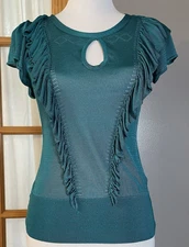 Y2K 90s Rampage Ruffled Blouse Women’s M Green Satin Knit Fairy Romantic Whimsy