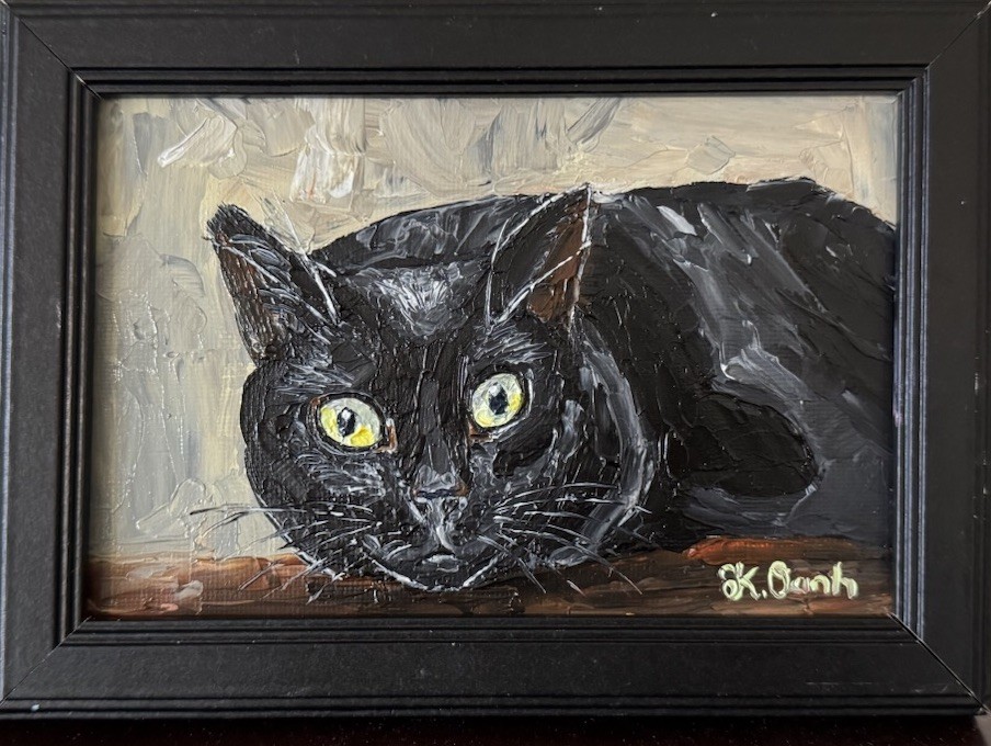 ORIGINAL OIL PAINTING BLACK CAT PORTRAIT SIGNED FRAMED 4x6
