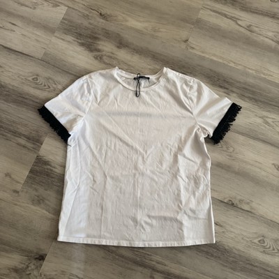 Zara White Shirt With Black Embellished Sleeves Size Medium