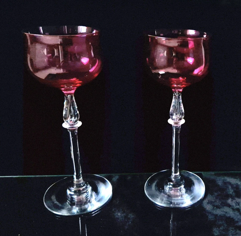 2 x Art Nouveau French Cranberry 'Nancy' Airtear Stem Wine Glasses c.1910 - Image 3 of 4
