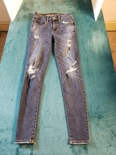 American Eagle Jeans Womens Sz 00 Blue Stretch Pant High Rise Jegging Distressed