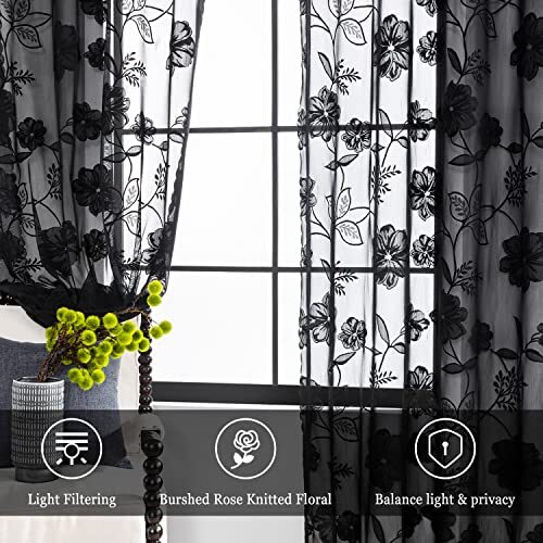 Black Lace Sheer Curtains For Bedroom Living Room 95 Inch Length Light Filtering - Picture 3 of 8