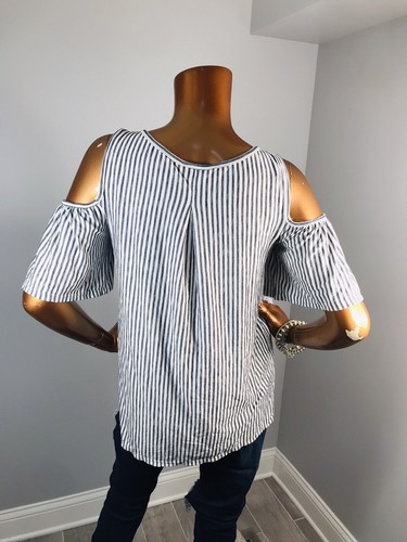 Max Studio M Top NWT $68 Stretch Soft Blouse Striped Cold Shoulder Slv Easy Wear - Picture 7 of 8