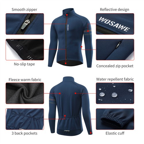 WOSAWE Men Bike Cycling Jacket Windproof Comfortable Thermal Fleece Winter Coat - Picture 9 of 16