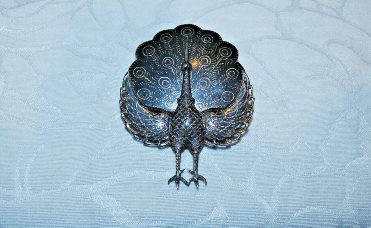 SIAM STERLING 孔雀 ブローチ ピーコック飾り　七宝　ヴィンテージ Vintage Siam Sterling Silver Peacock Figural Brooch, Hinged Design