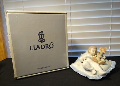 Retired Lladro #6791 Taking a Snooze Baby Holding Bunny Sleeping On Pillow Mint