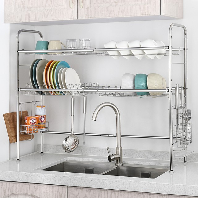 Adjustable 2 Tier Stainless Steel Dish Rack With Chopstick And
