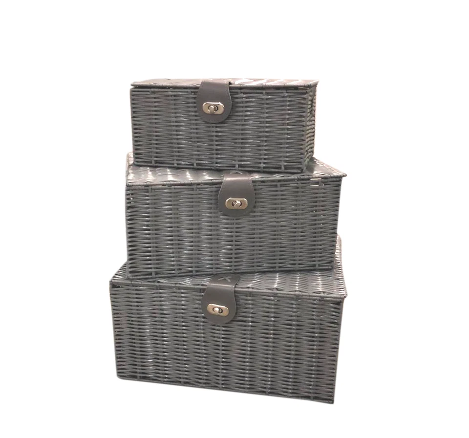 Storage Basket Hamper Resin Woven Grey Set of 3 Box With Lid & Lock  - Image 3 of 4