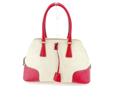 Prada Handbag Mini Boston Bag Beige Red Canvas Leather T6656S Used 