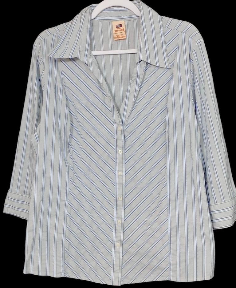 Faded Glory 2X Blue Striped Long Sleeve Button Down Shimmer Top