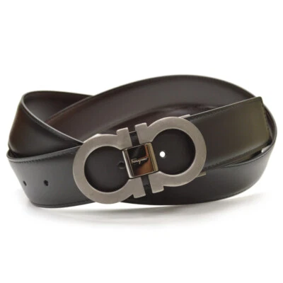 Salvatore Ferragamo Double Gancini Mat Boucle Noir/Marron Ceinture Réversible - Photo 1/4