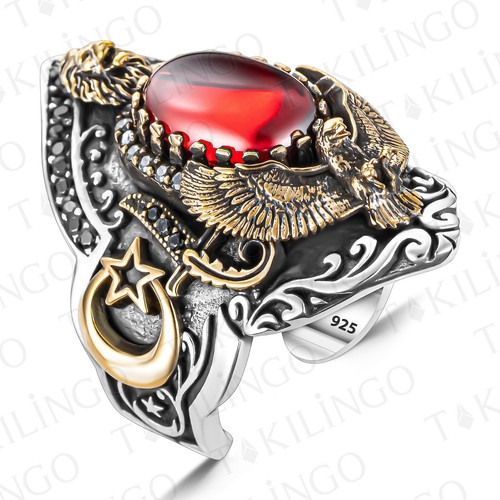 925 Sterling Silver Adjsutable Eagle Lion Sword Crescent Red Zircon Thumb Ring - Picture 2 of 5
