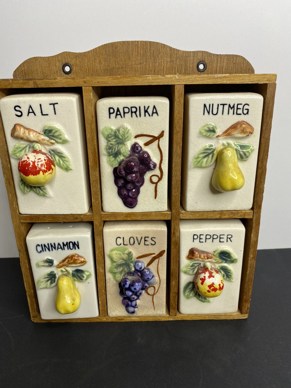 Vtg Spice Rack In Wooden Shelf Japan Fruit