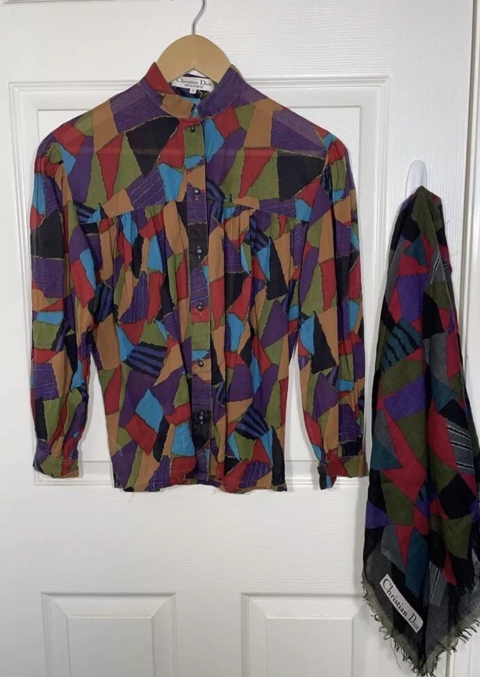 Rare chemisier femme vintage DIOR boutonné manches longues avec écharpe assortie