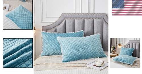Fringe-Trimmed Velvet Pillowcases in Turquoise - Elegant Set of 2 for Bedrooms - Picture 2 of 9