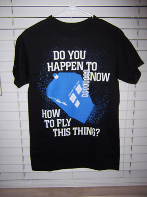 BBC Doctor Who ''Do You Happen To Know How To Fly This Thing?'' Adult Shirt Small 