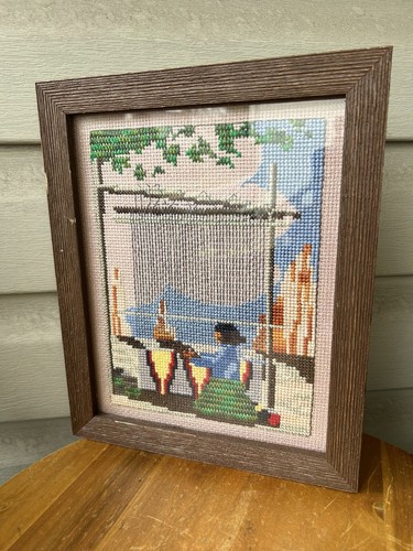 Vintage Woman Weaving Mountain Landscape Folk Art Framed Needlepoint 12"