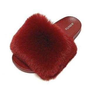 red faux fur slides
