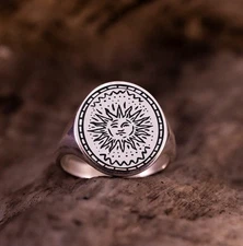 Sunburst Engraved Signet Ring 925 Sterling Silver Sacred Ring US Duty Free