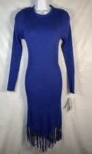 Nanette Lepore Surf The Web Blue Knit Fringe Hem Sweater Dress Medium New $138