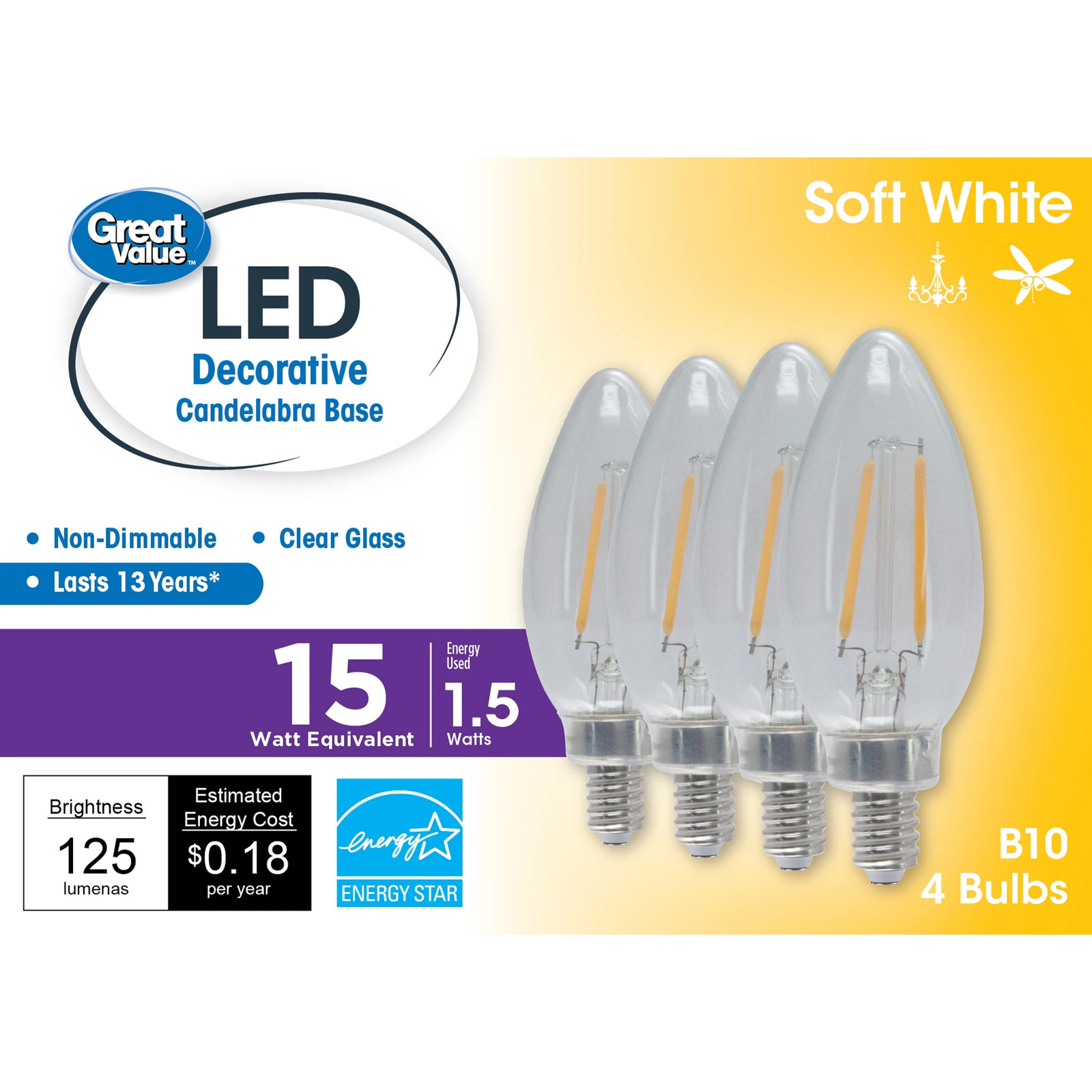 LED Light Bulb, 1.5 Watts (15W Equivalent) B10 Deco Lamp E12 Candelabra Base, No