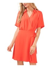 VINCE CAMUTO Womens Coral Pleated Lined Elastic Tie Waist Short Sleeve Collared