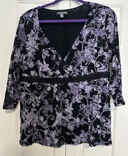 Apt 9 (Kohl’s) 3/4 Sleeve Blouse Size 1X Black With Purple Floral Design