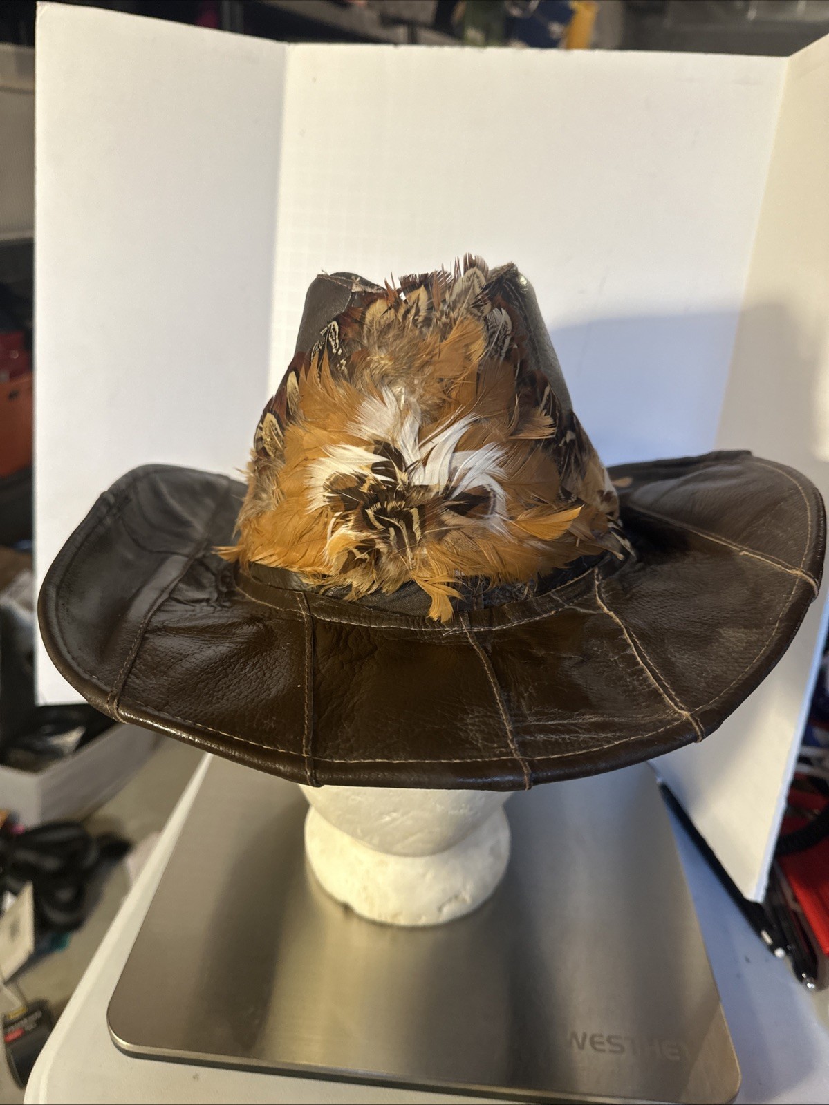 Western Patchwork Leather Cowboy Hat Feather Band… - image 1